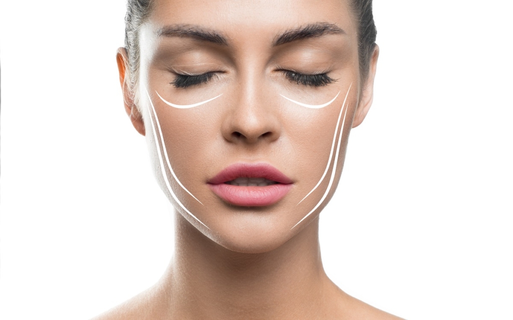 Face lift treatment anti aging skincare woman concept. woman face with lifting lines on white background